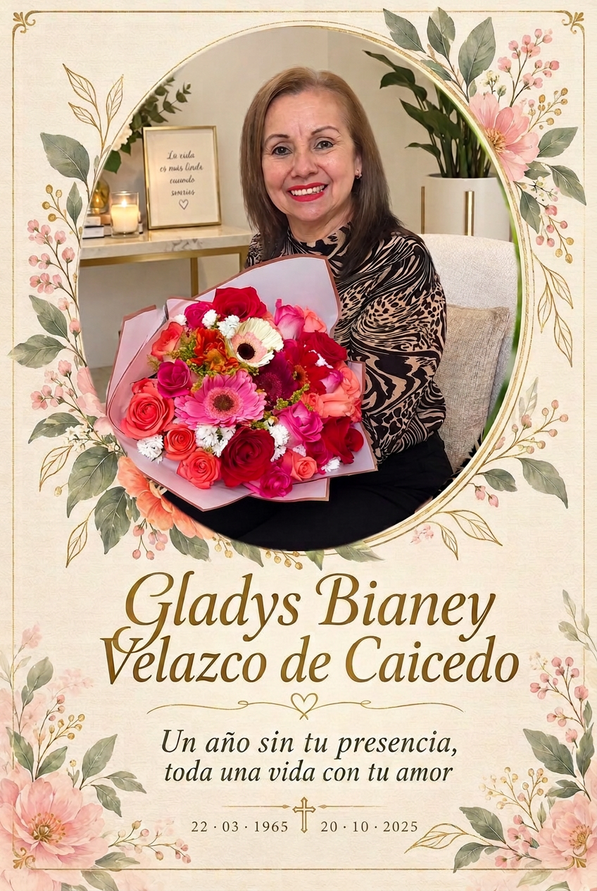 Portada de GLADYS BIANEY VELAZCO DE CAICEDO: retrato editado con jardín, flores y letras caligráficas